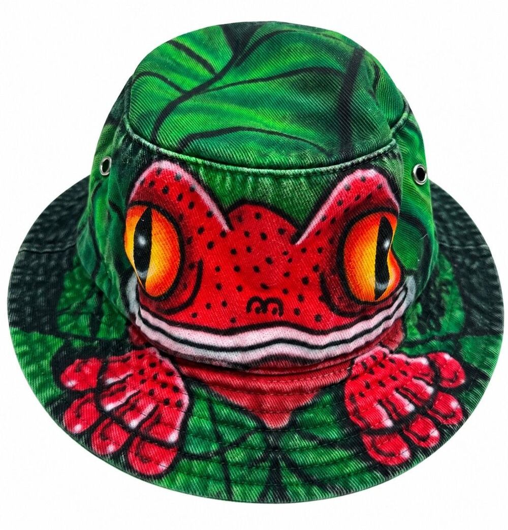 Red Eye Tree Frog Green Bucket Hat Adult Size Large Vintage Tropical Jungle